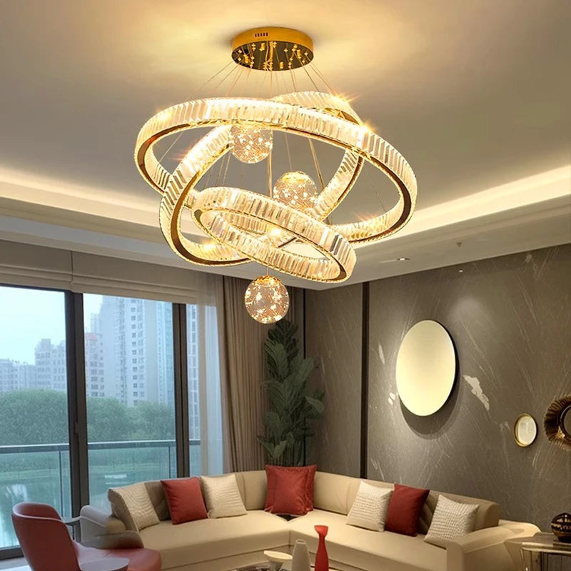 Five ring crystal chandelier with six glass balls and remote dimming