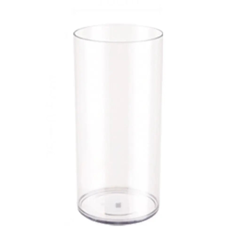 Pair of large clear acrylic cylinder vases flanking a wedding ceremony backdrop