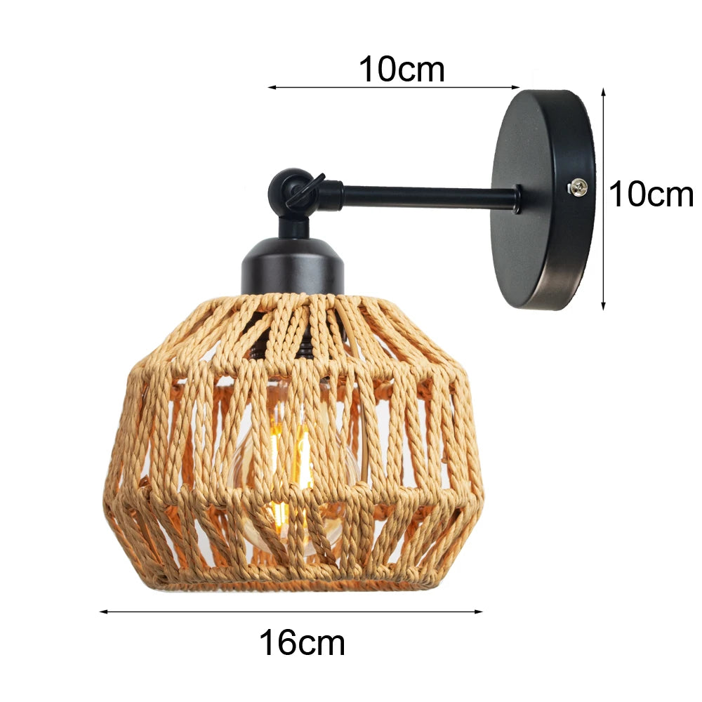 rattan wall sconce, detail view of fixture base and arm