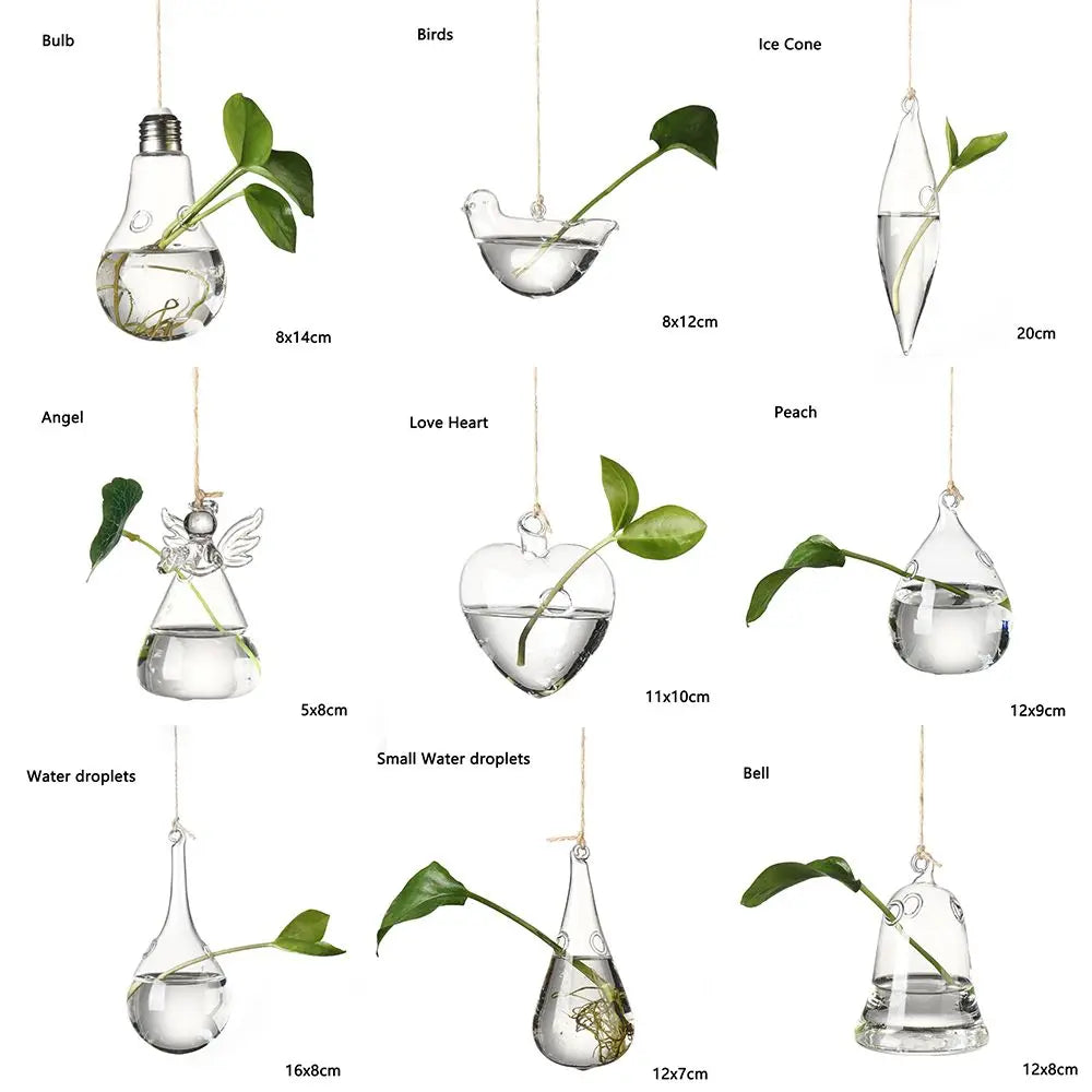 Set of five hanging glass ball vase shapes grouped in a bohemian arrangement