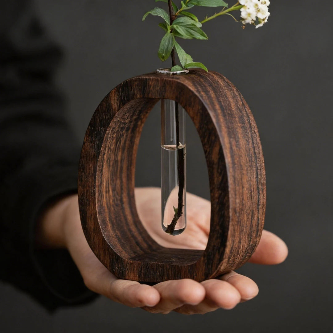 Walnut wood glass terrarium hydroponic vase set with wood base