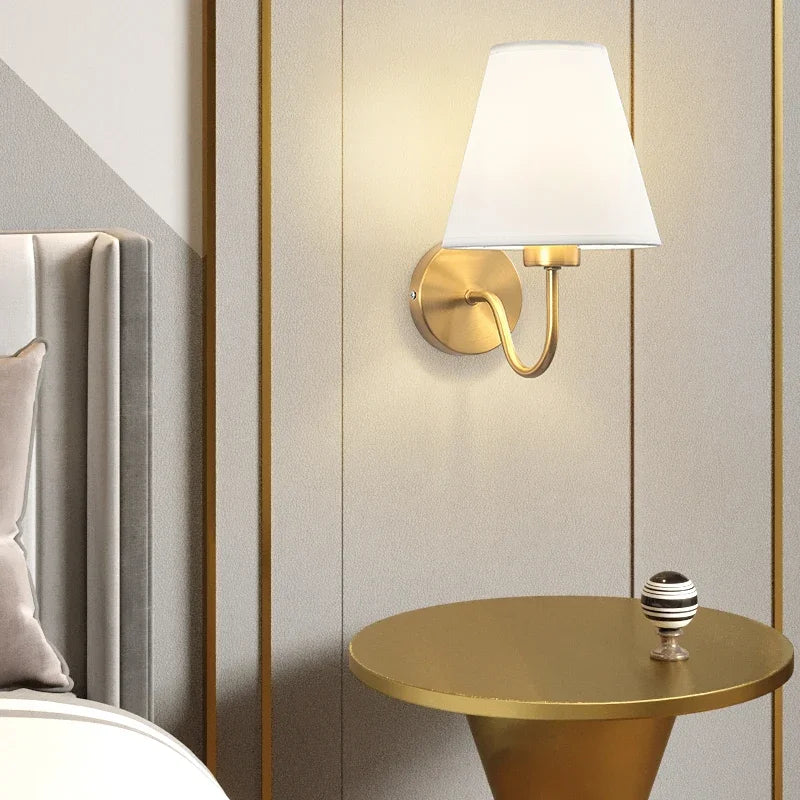 fabric shade wall sconce, close-up of shade and hardware detail