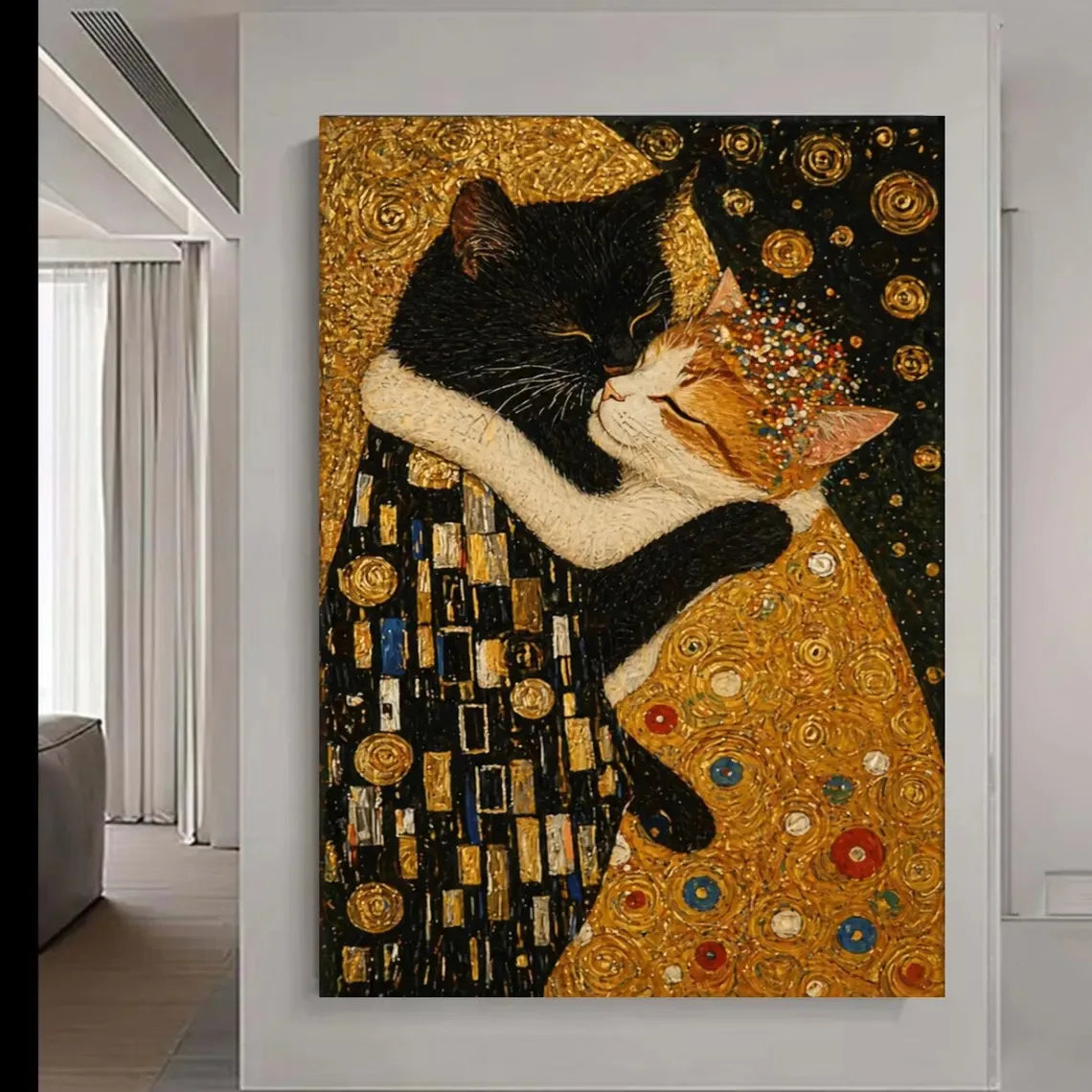 Klimt Kiss Cat Parody Abstract Canvas Wall Art