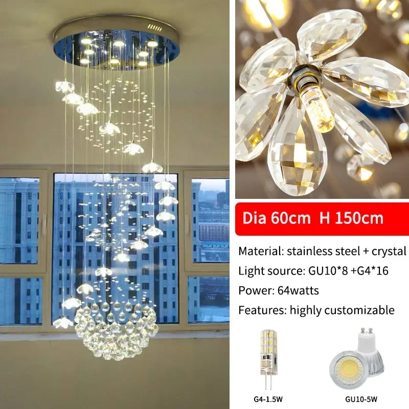 Dimmable crystal flower staircase chandelier on a cord pendant drop