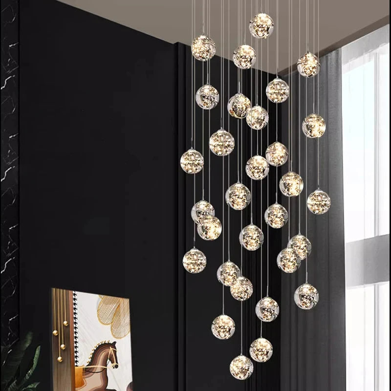 Polished chrome stair chandelier with E14 sockets and remote dimming