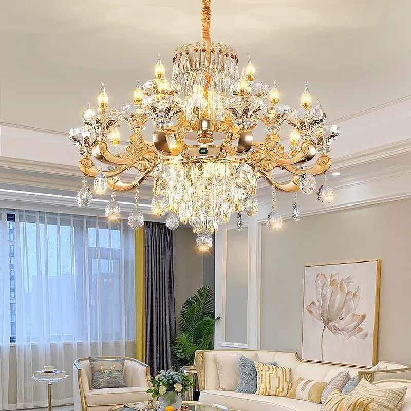 Tiered crystal chandelier in a 15 light configuration at 91 centimetres across