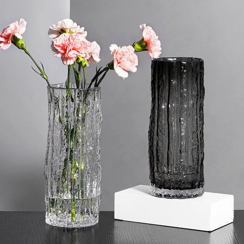 Smoky gray Style A glacier textured glass vase as a modern living room accent
