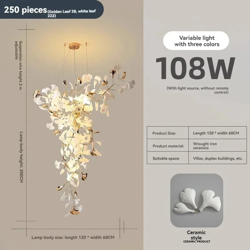 Ginkgo leaf chandelier frame detail with layered ceramic leaf shades