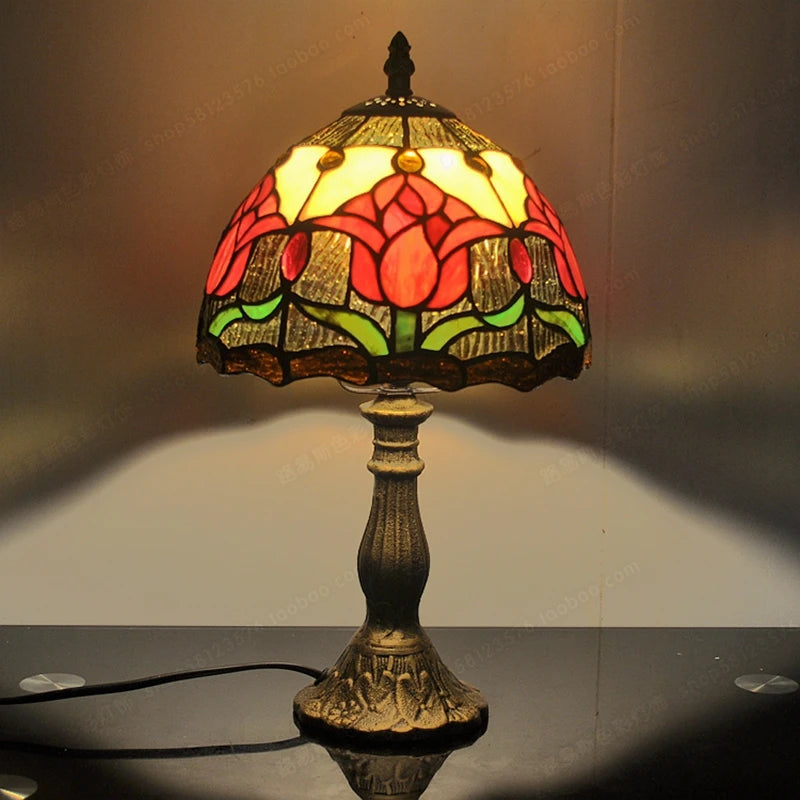 Tiffany tulip art glass shade close-up showing hand-welded glass segments