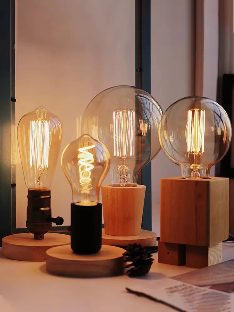 Retro wood art table lamp with E27 socket on natural wood base front view