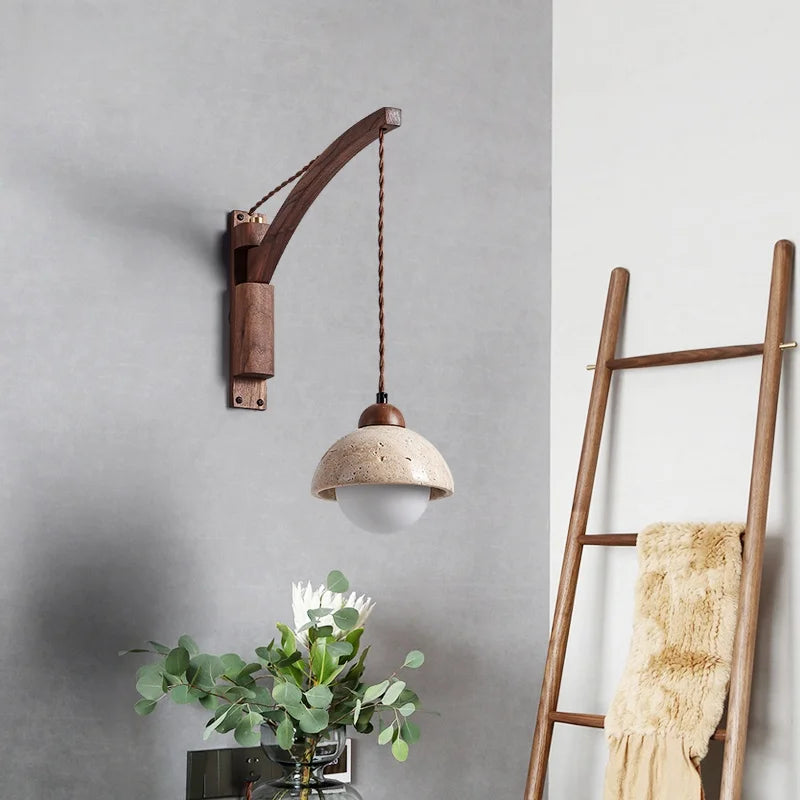 travertine stone wall sconce, close-up of shade and hardware detail