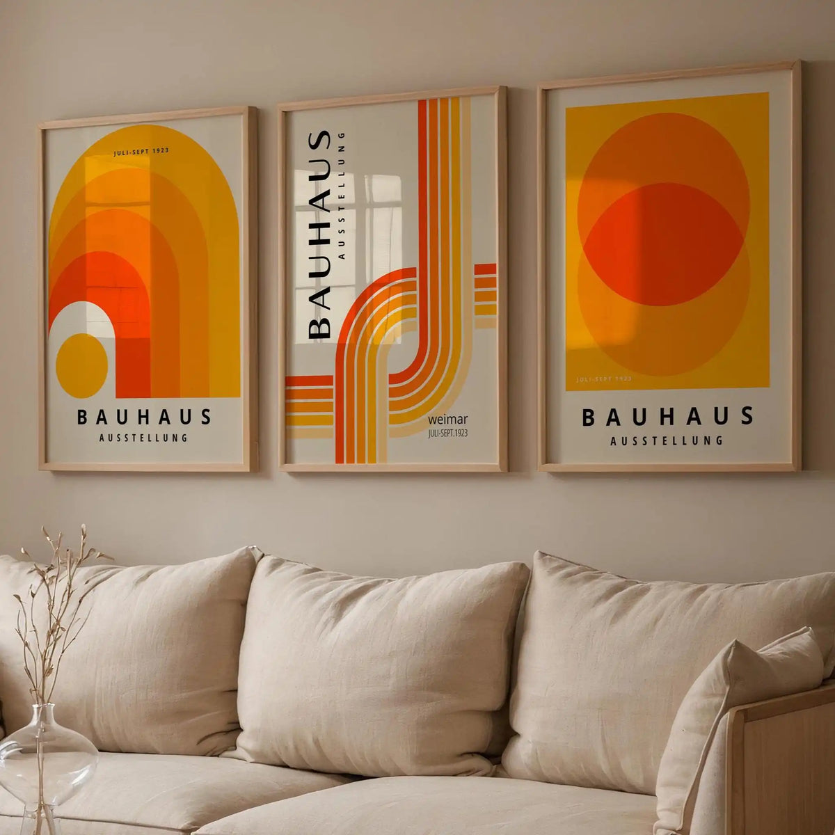 Orange Blue Bauhaus Abstract 3-Piece Canvas Wall Set