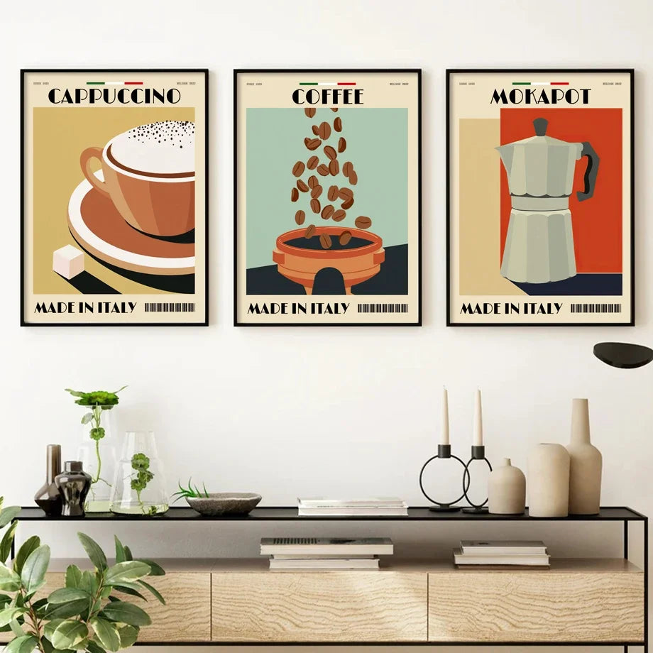 Italian Espresso Coffee Pot Beans Canvas Wall Art