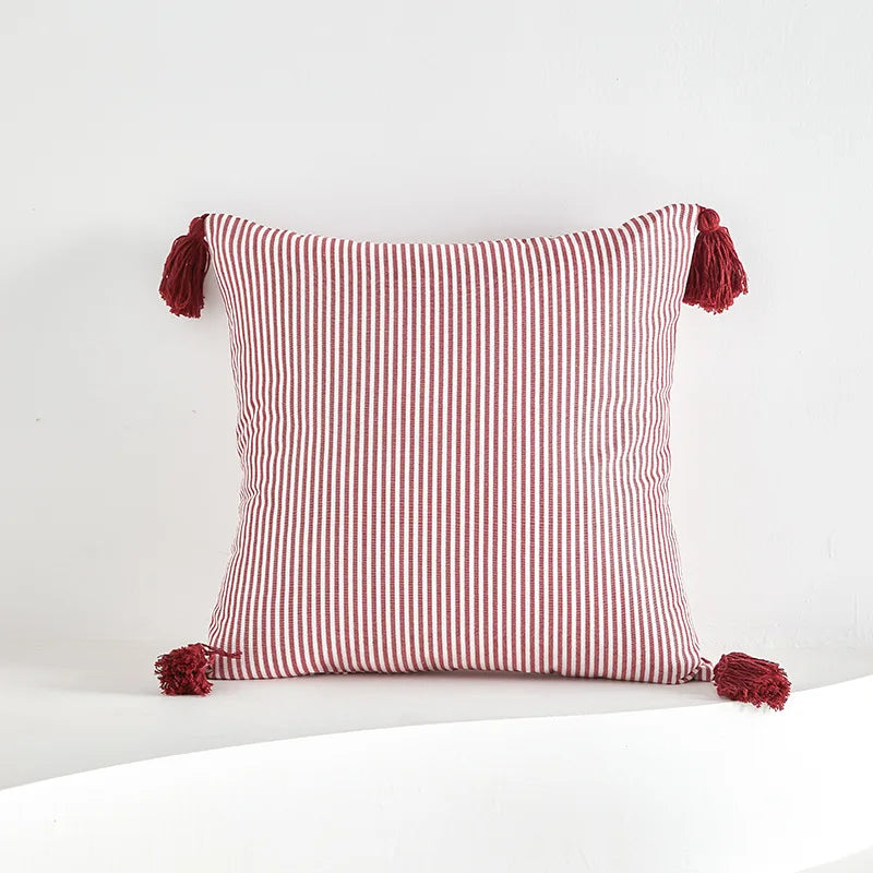 Tassel Trim Cotton Linen Pillow Cover — styling detail