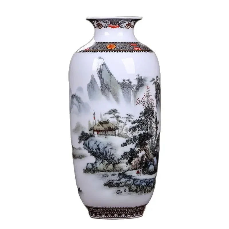 Style C Chinese Jingdezhen ceramic vase with celadon glaze on a wooden shelf