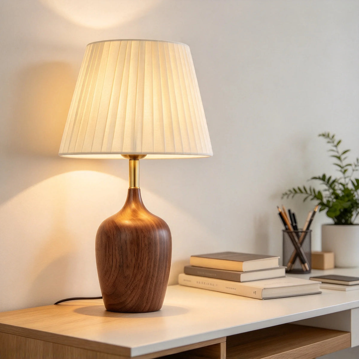Japanese walnut table lamp in 3-color dimming mode on bedroom nightstand