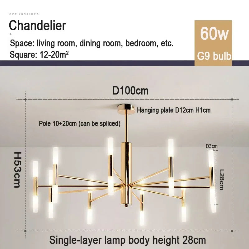 Blooming chandelier lit in white light across its plated metal arms