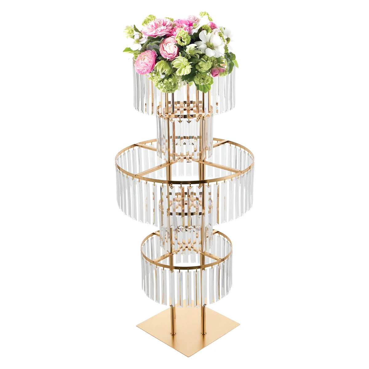 Gold 5-tier acrylic wedding stand with cascading white and blush floral arrangement