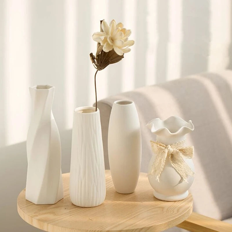 Large white Nordic ceramic vase D6 holding pampas grass in bright living room corner