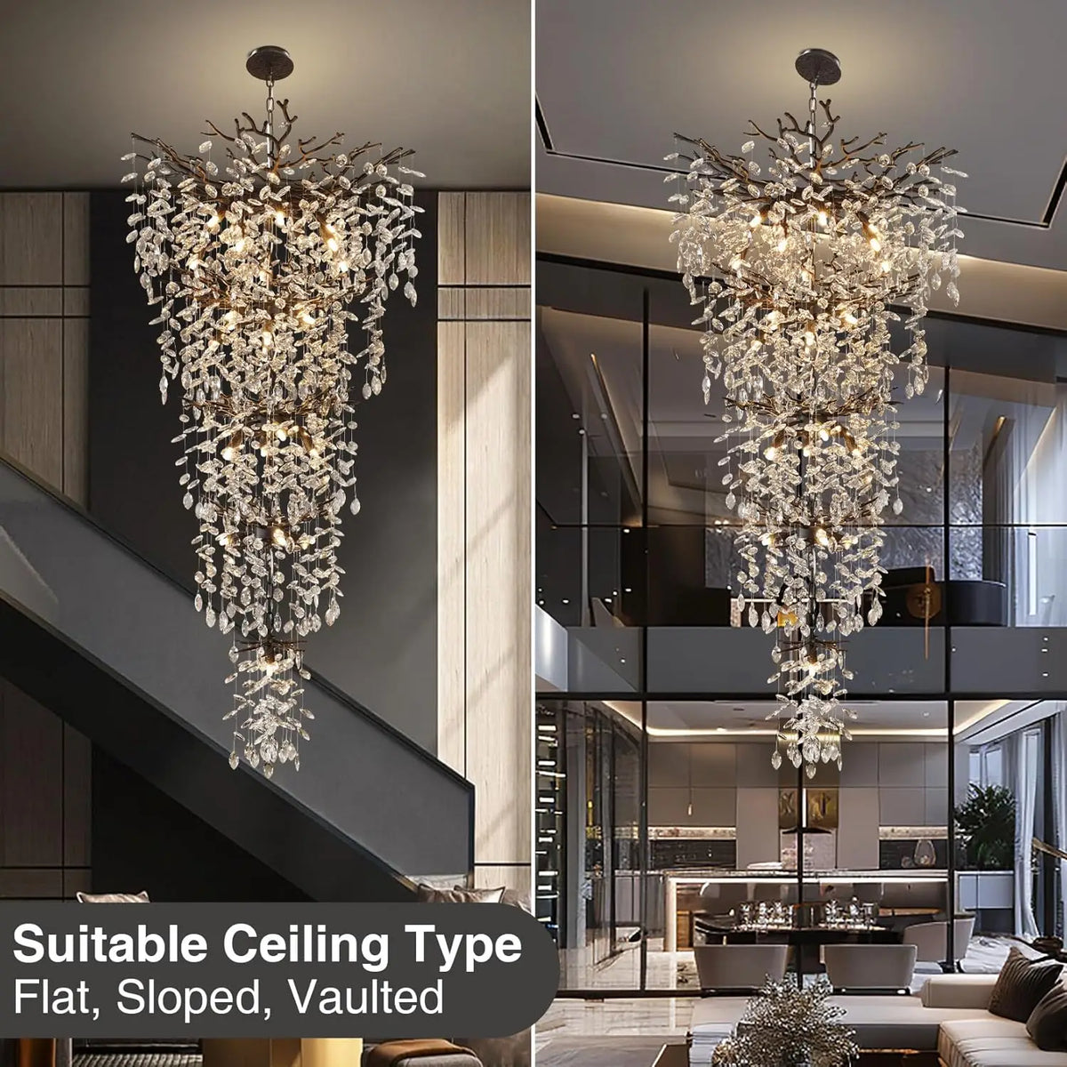 Gold finish crystal stairway chandelier with G9 LED bulbs included