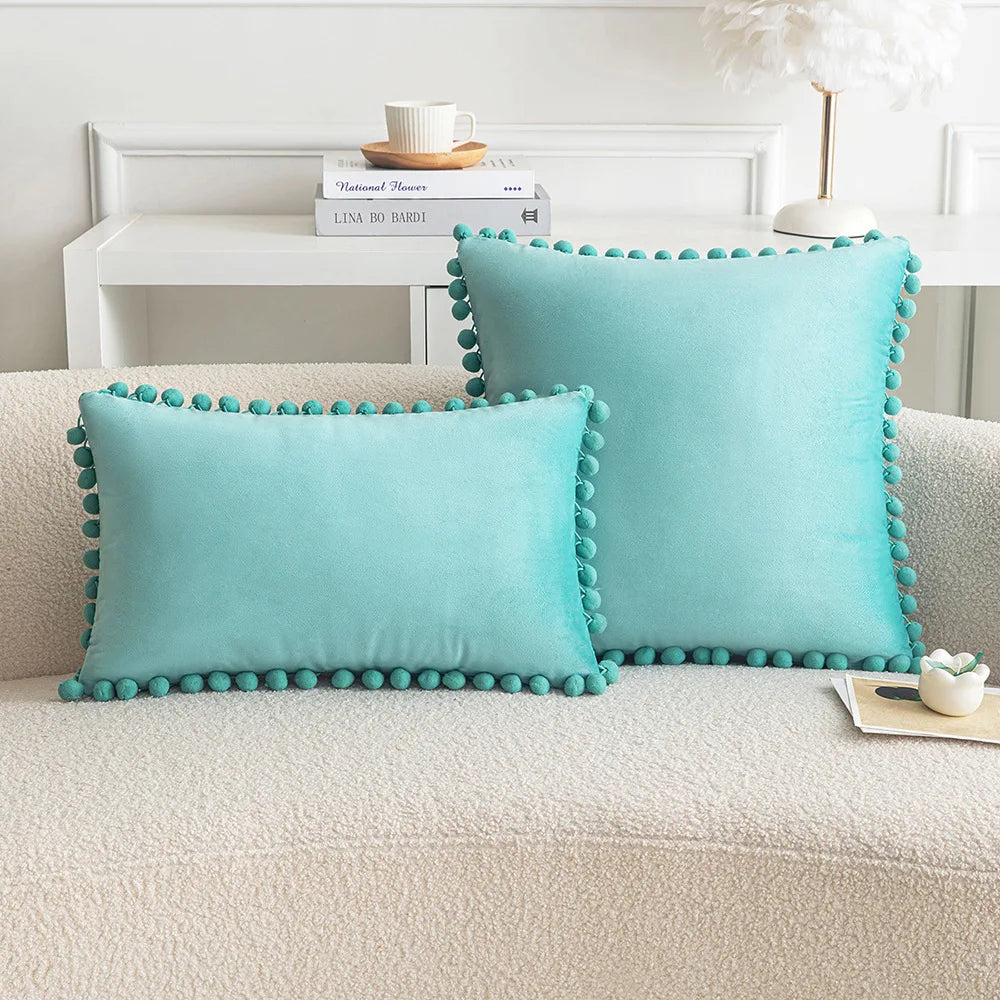 Velvet Pom-Pom Throw Pillow Cover