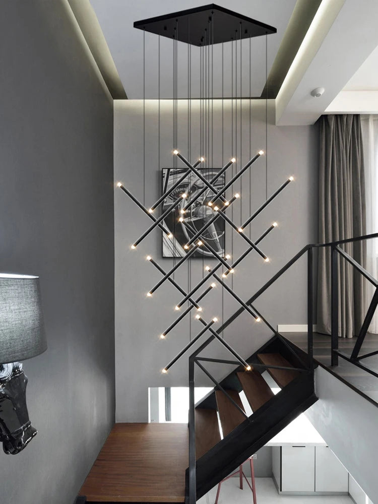 Black aluminum long chandelier with slim heads on adjustable cords