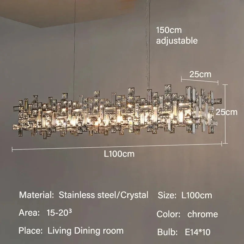 Modern rectangular crystal chandelier standing 9.8 in overall in height