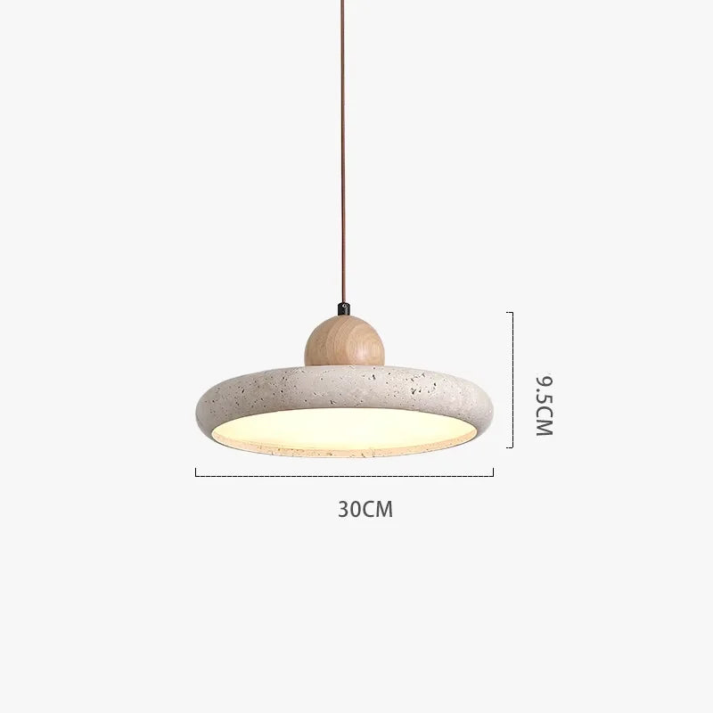Carved travertine shade chandelier with natural finish wood collar