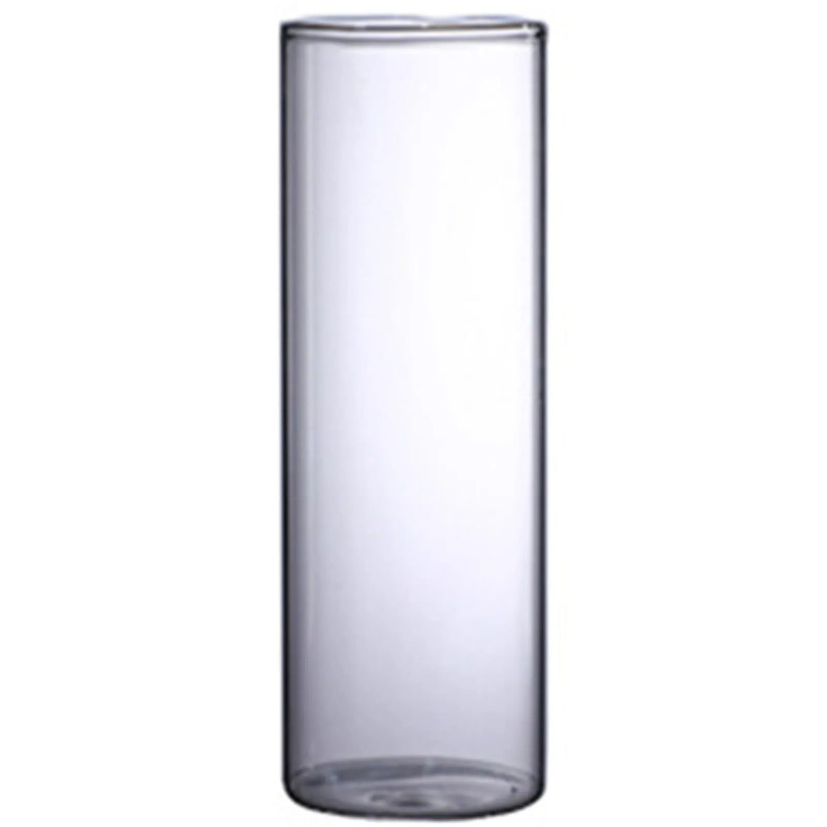 Close-up of clear glass cylinder vase showing straight side walls and clean circular base