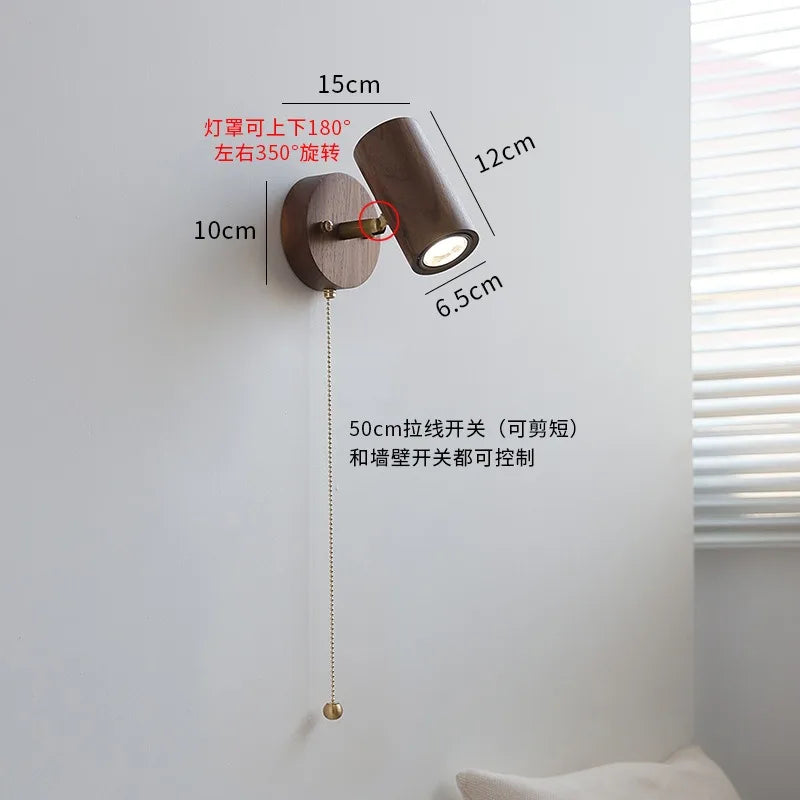 Walnut Wood Pull Cord Wall Sconce