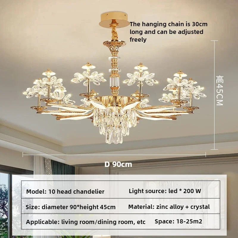 Eight head crystal flower chandelier shown in warm light on a cord drop