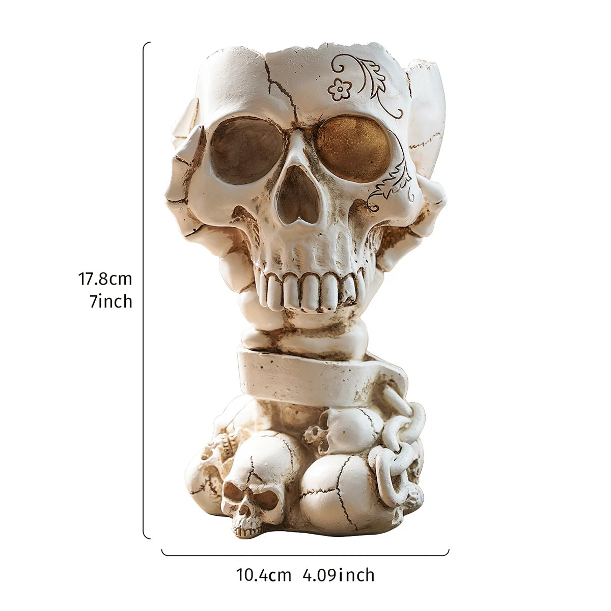 White steampunk skull vase angled view showing back mechanical gear detail