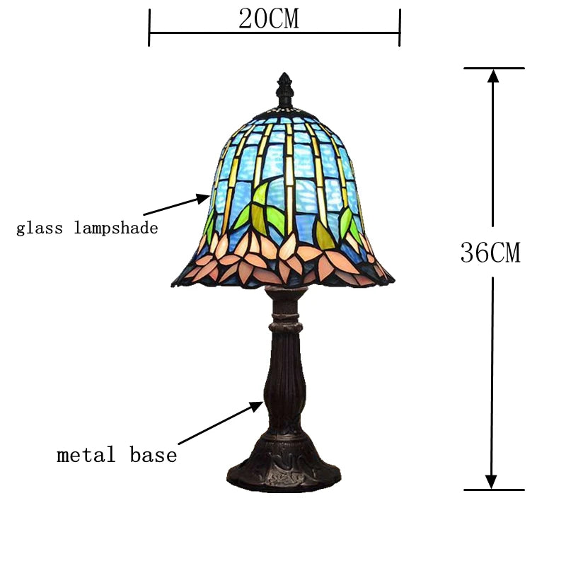 American Tiffany style water lily lamp glowing warm in living room
