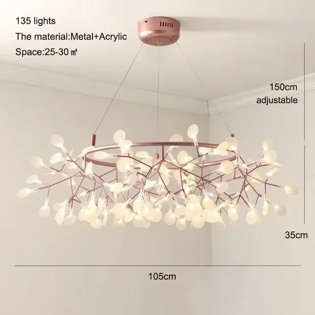 Radiating metal stem chandelier in rose gold, assembly required
