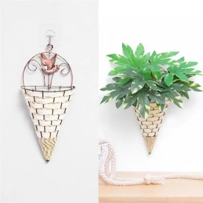 Rattan wall hanging planter wicker flower basket iron pot décor