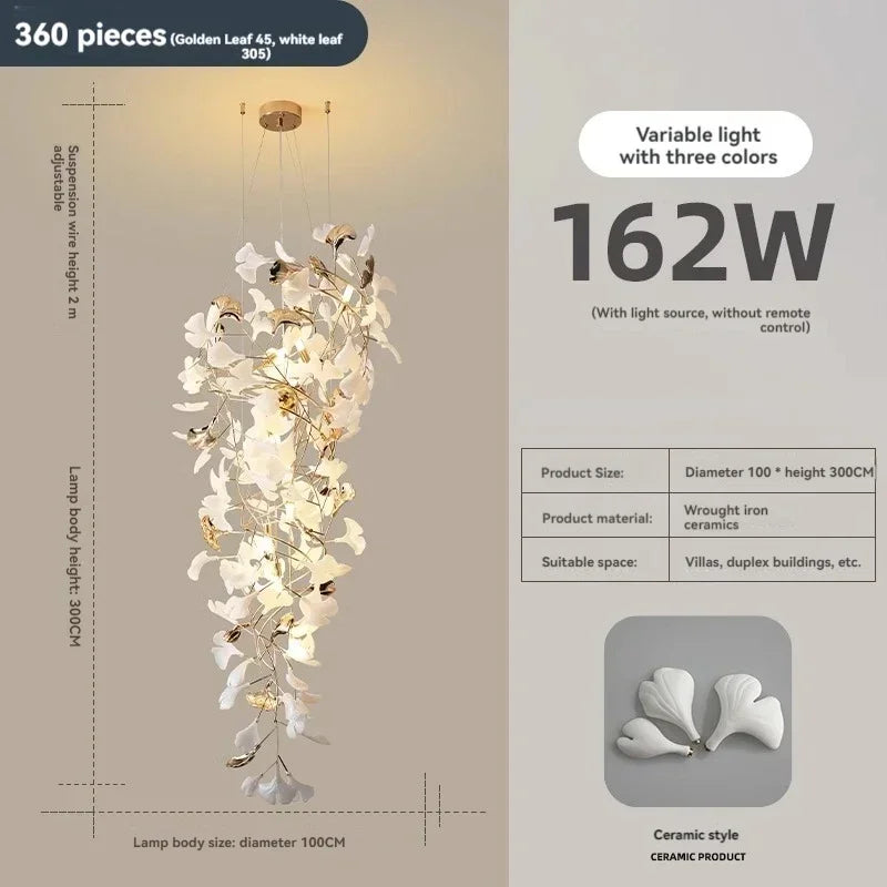 Long bar ginkgo chandelier, 118.1 inches across, with ceramic leaf shades