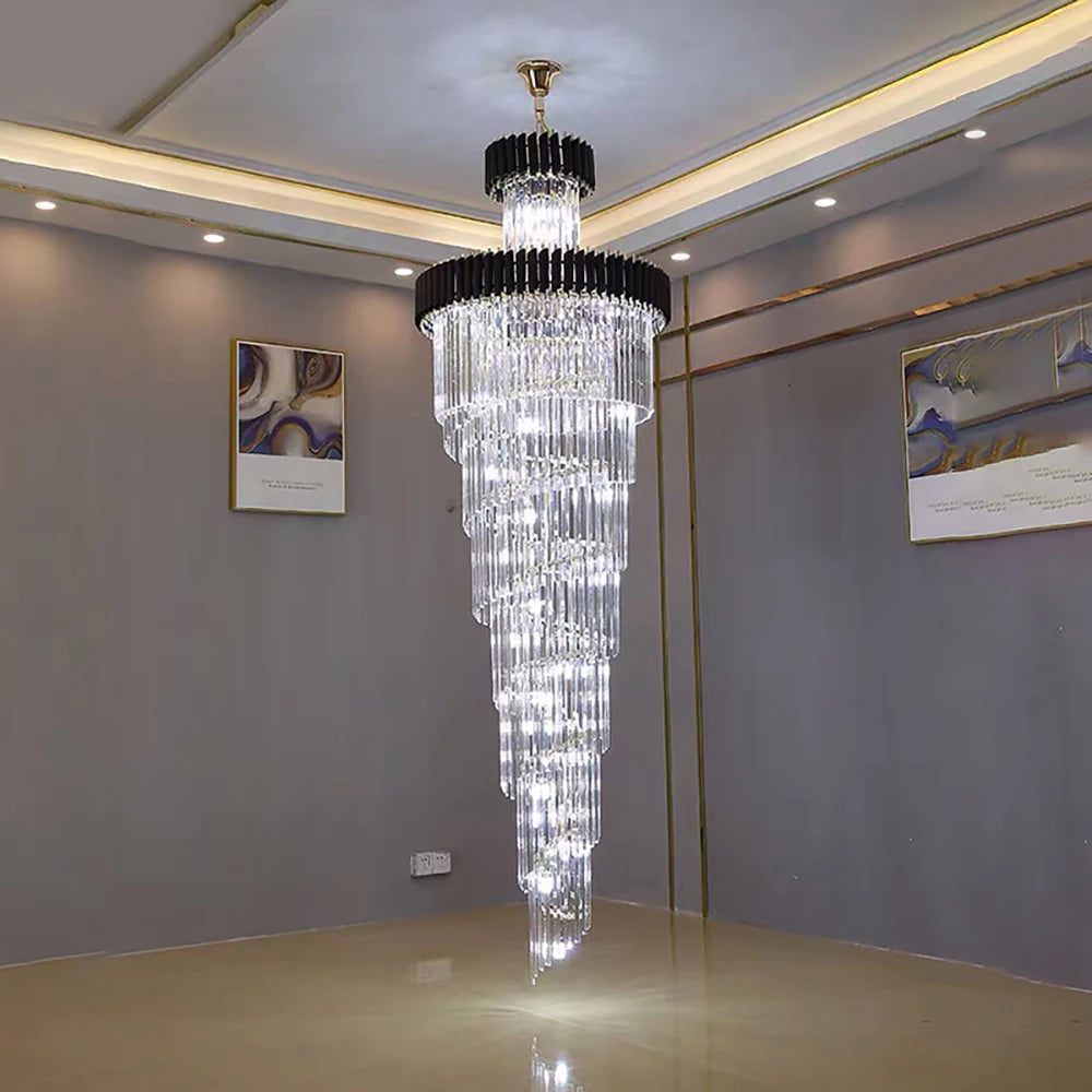 Crystal tier detail on a nickel finish chandelier with E14 LED bulbs included