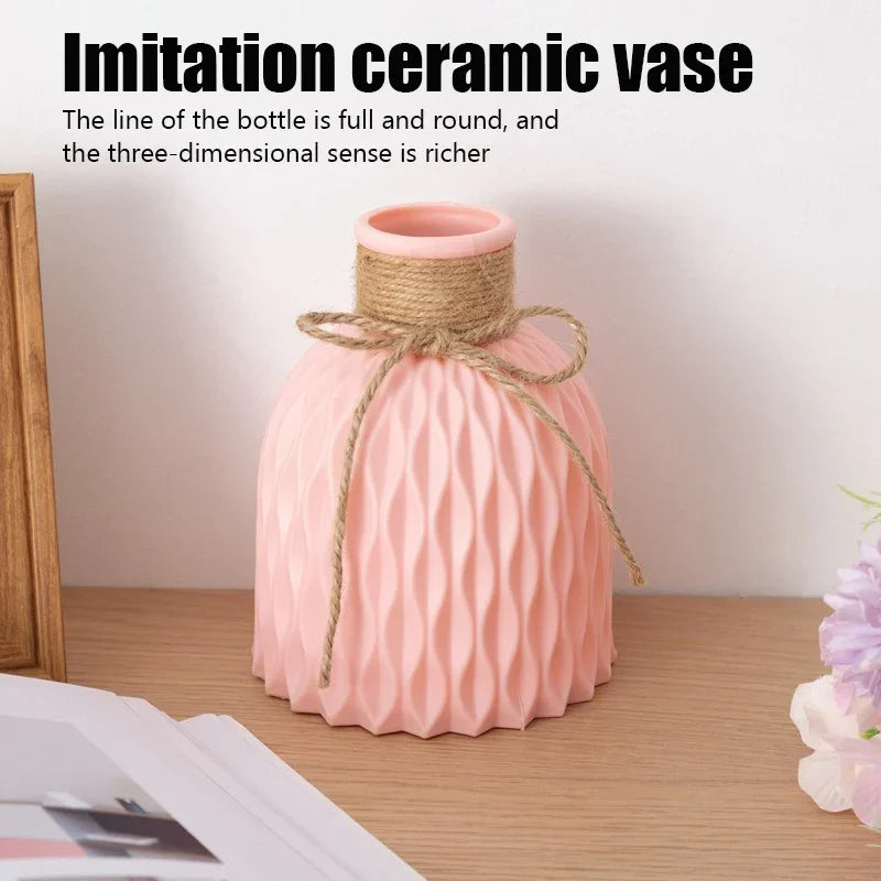 Pink ripple texture plastic vase with natural twine for dried flower display