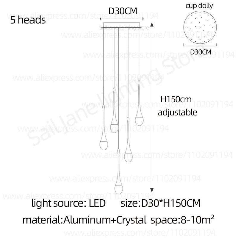 Aluminium framed raindrop chandelier with its LED bulbs included
