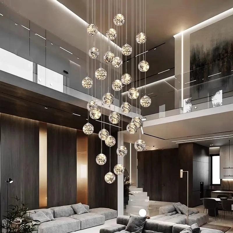 Glass stair chandelier at 15.7 in diameter with nine glass heads