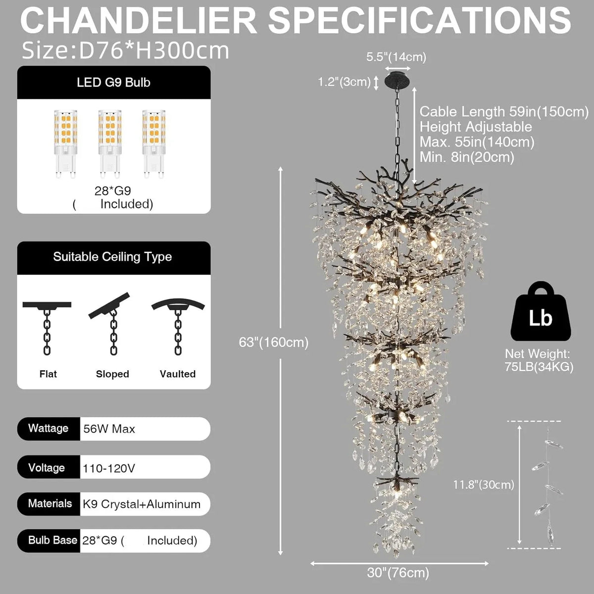 Black crystal chandelier, 29.9 inch diameter, for a two storey stairway
