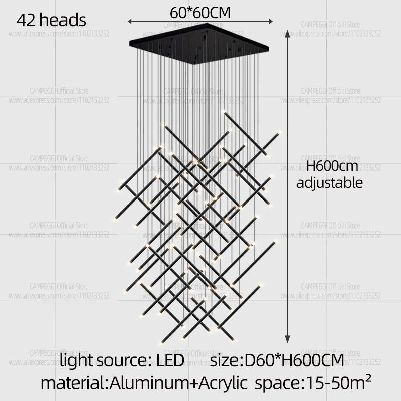 Linear chandelier with fourteen heads, 39.4 in long, 59.1 in drop