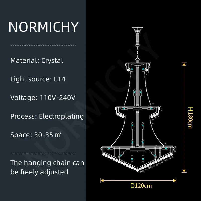 Tiered crystal chandelier at 47.2 in diameter and 70.9 in height