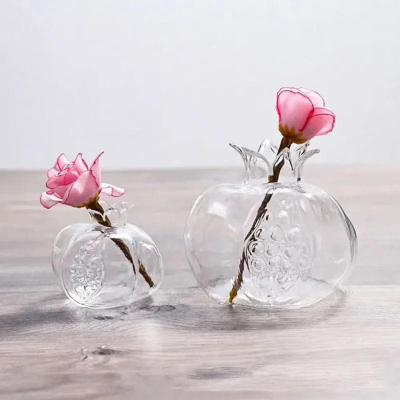 Pair of pomegranate glass vases in red and transparent finish