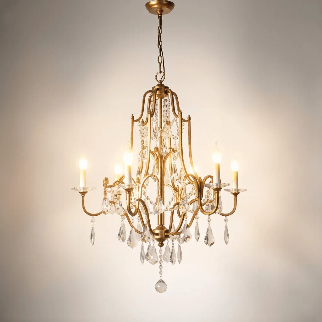 Vintage gold crystal chandelier with candle lights on iron arms