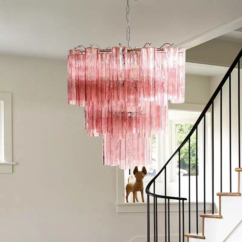 Pink glass tiered chandelier in the 19.7 in diameter, semi-flush mounted