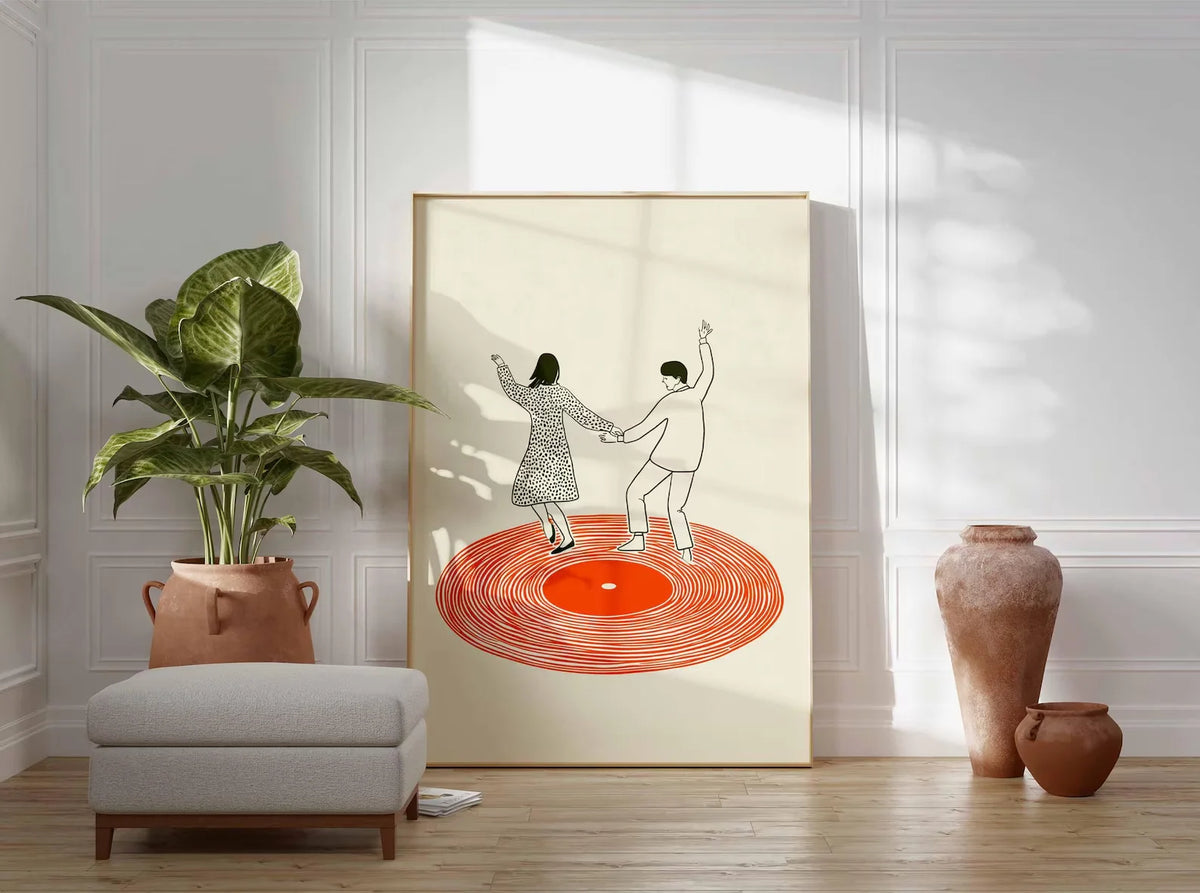 Retro Dancing Couple Record Player Canvas Wall Art
