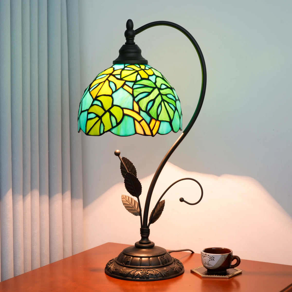 Stained glass leaf lamp side profile showing organic canopy shape