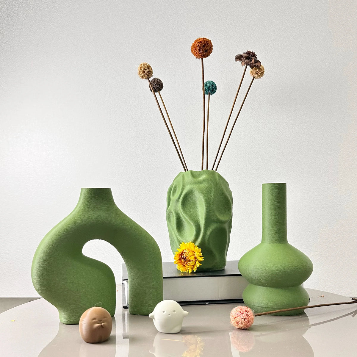 Brown Nordic vase set donut and round shapes grouped