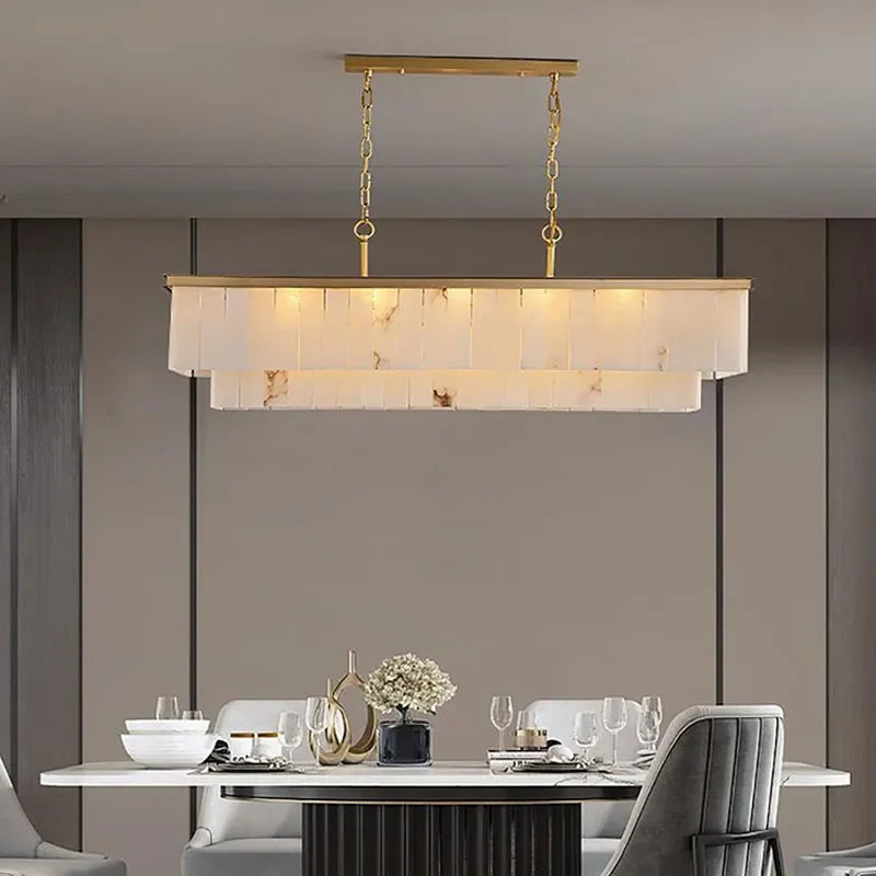 Two light natural marble chandelier on polished stainless steel